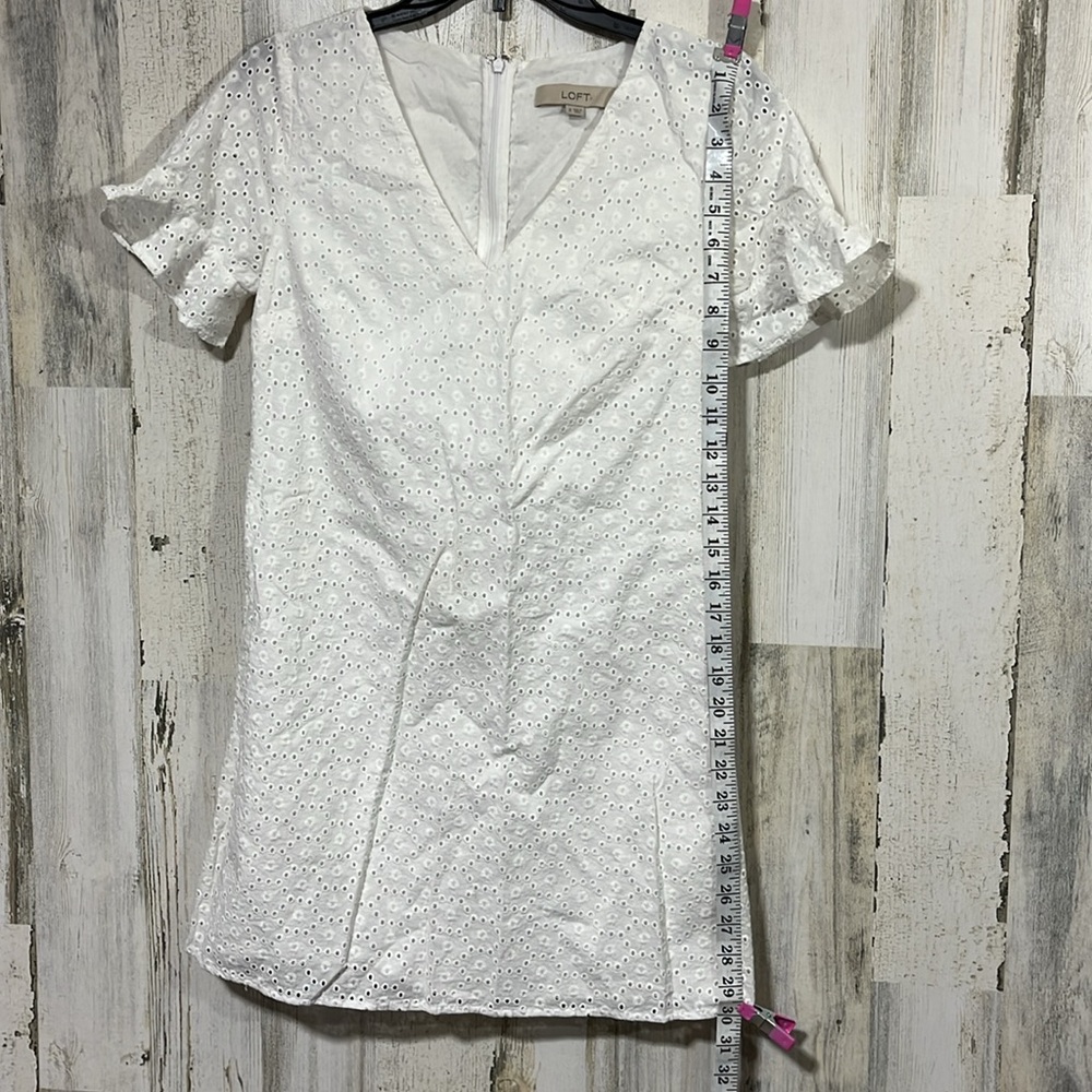 LOFT White Eyelet Mini Dress Flutter Sleeves Size 0 - Picture 10 of 11